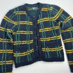 Modcloth Boucle Knit Button Front Cardigan Sweater Women's Small Green Plaid